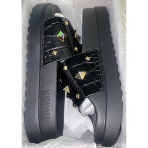 NEW WITH BOX Black Michael Kors Tyra Slide, Embossed Croc with Pyramid Studs.